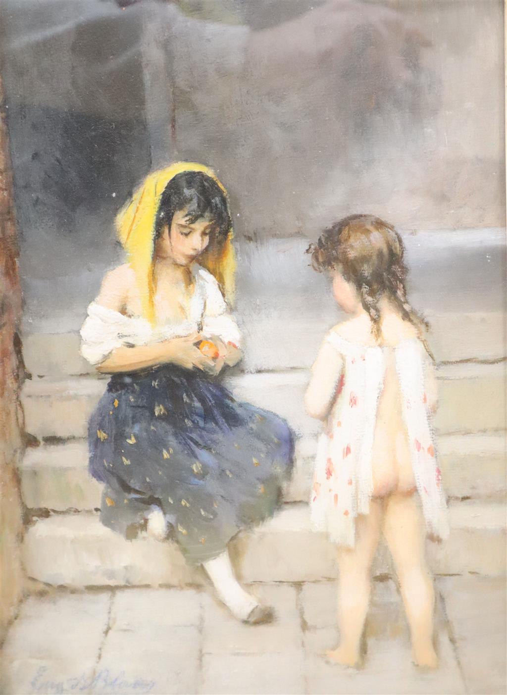 Follower of Eugene Von Blaas (1843-1932), Portrait of two young girls seated on a step, peeling an orange,